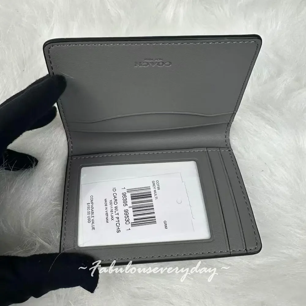 Coach Id Card Wallet In Signature Canvas With Patches/Grey Multi CCF99 NWT